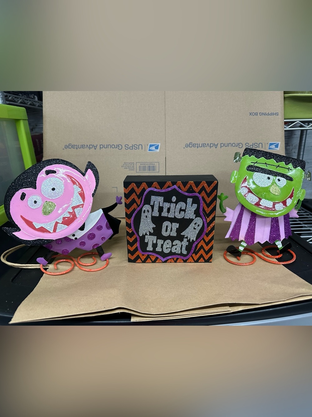 Halloween Trick or Treat Decorative Block with Pink and Green Characters